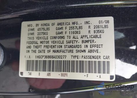 2008 Honda Accord 3.5 Ex-L из США, поврежденный, VIN 1HGCP36868A030277